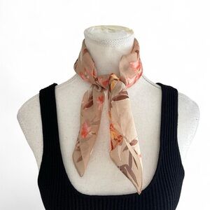 Floral Satin Neck Scarf in Beige with Pink Accents